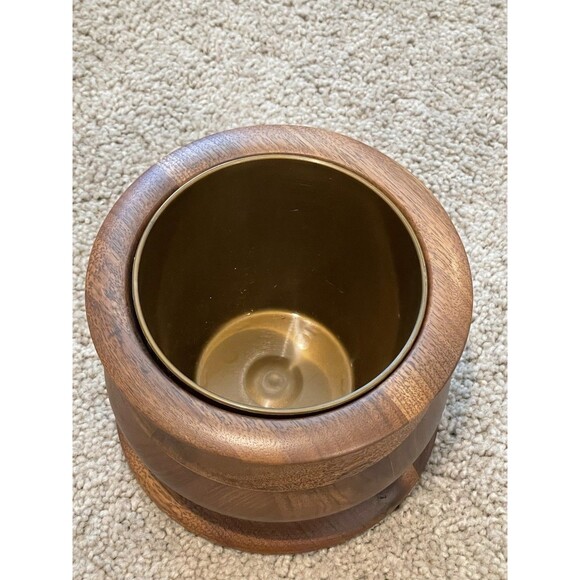 Mid Century Modern Wood Ice Bucket Container Brass Tone Insert Barware - Picture 2 of 5